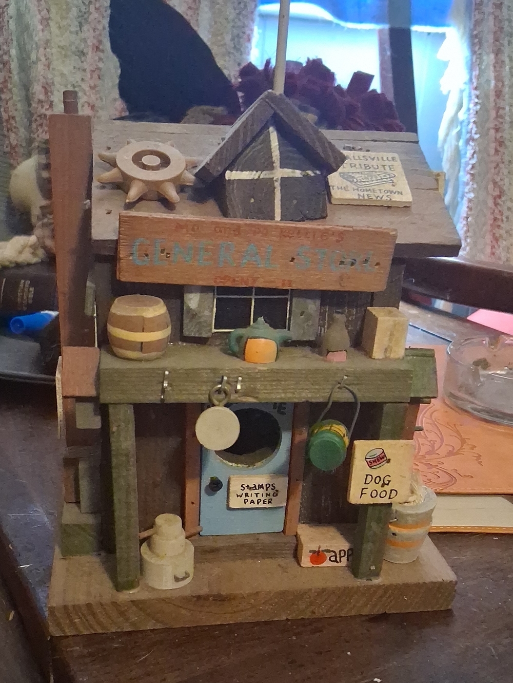 Wooden Miniature General Store with Rustic Accents - Blue & Brown